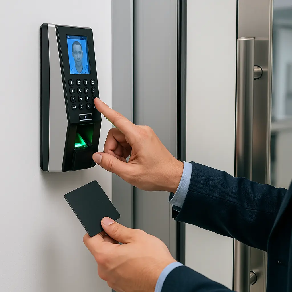 Biometric scanner (fingerprint or facial), RFID card access at office door, or secured entry gates.