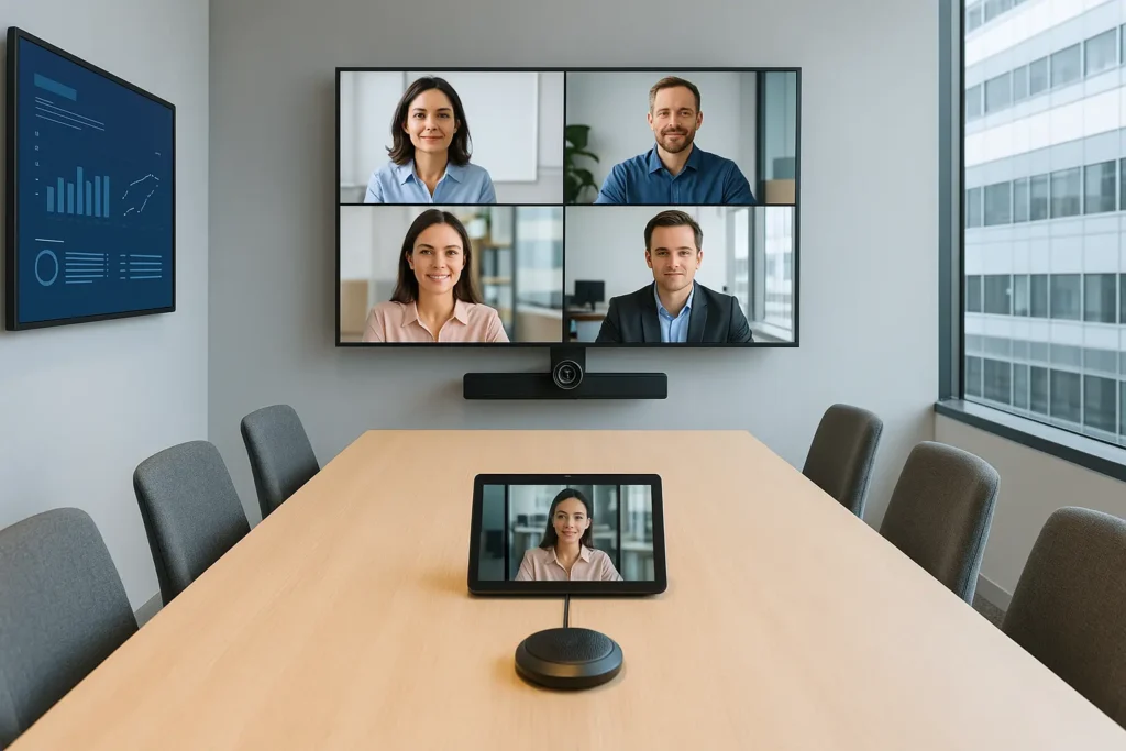 corporate conference room with high end AV equipment, video conferencing