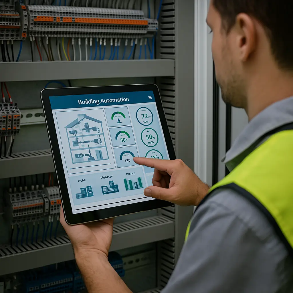 Smart dashboard interface, technician working on a building control panel, or building IoT system.