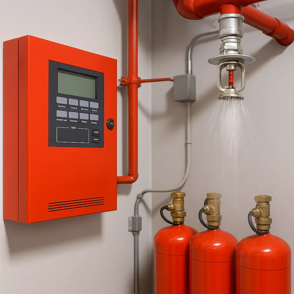 Fire alarm panels, sprinkler systems in action, or a technician testing fire safety equipment.