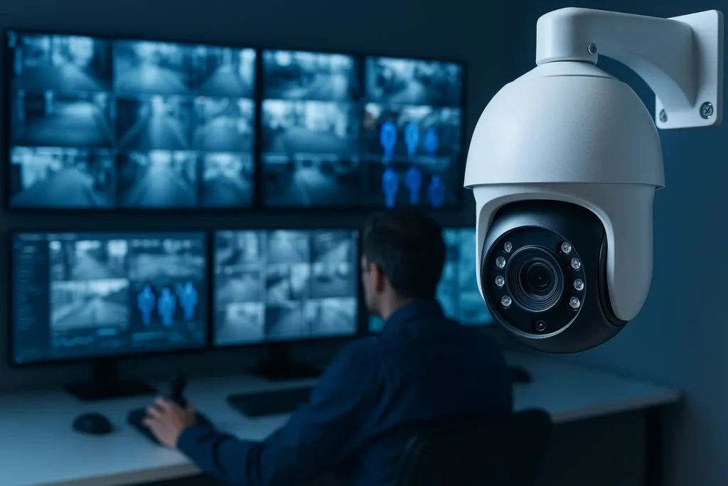 Modern CCTV cameras, control room with monitoring screens, or AI-based video analytics interface.